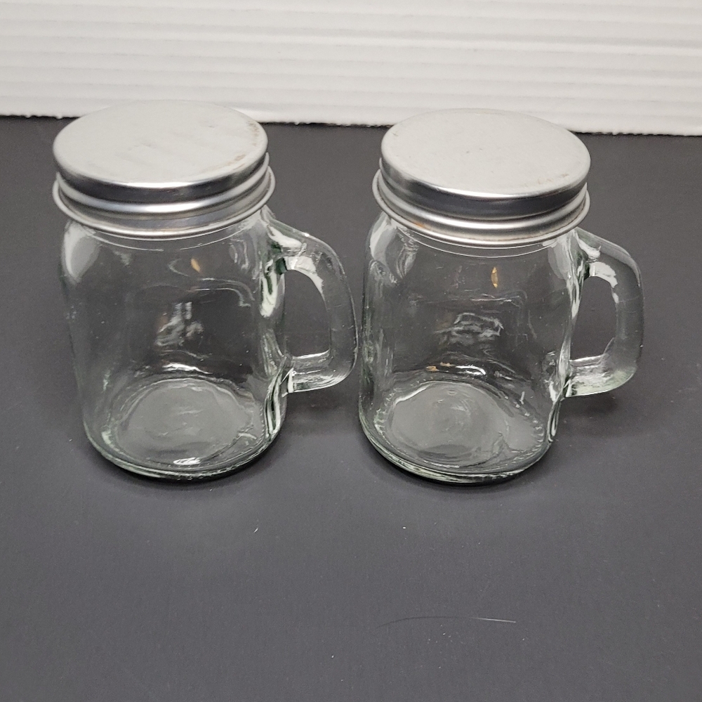 Clear Glass Mason Jar Mugs with Silver Lids Set of Two